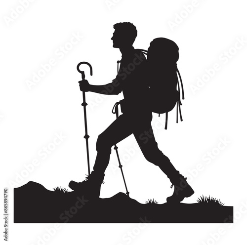Hiker silhouette of a trekking Hiker vector on isolated white background.