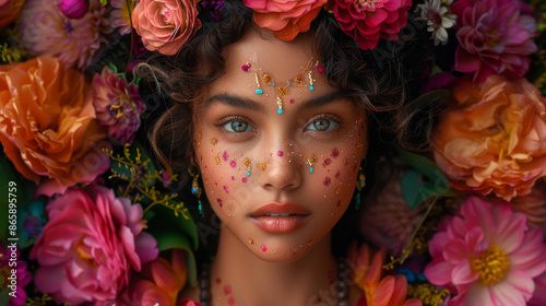 Indian Girl's Face with Floral Crown and Colorful Makeup © TakoyakiAI