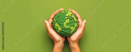 Hands Holding Green Earth Globe. photo