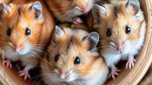 Syrian hamsters on a wheel close up of red and beige muzzles