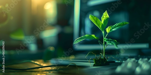 Graphic of plant sprouting from old computer promoting mental health in tech. Concept MentalHealthInTech, PlantTherapy, OldMeetsNew, TechRevival, GreenInnovation