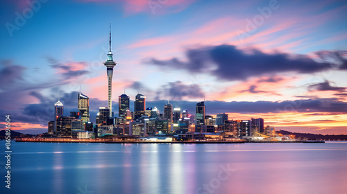 Twilight Magnificence: Aerial View of Auckland City and Harbor Embellished with Sparkling Lights against Sunset Sky