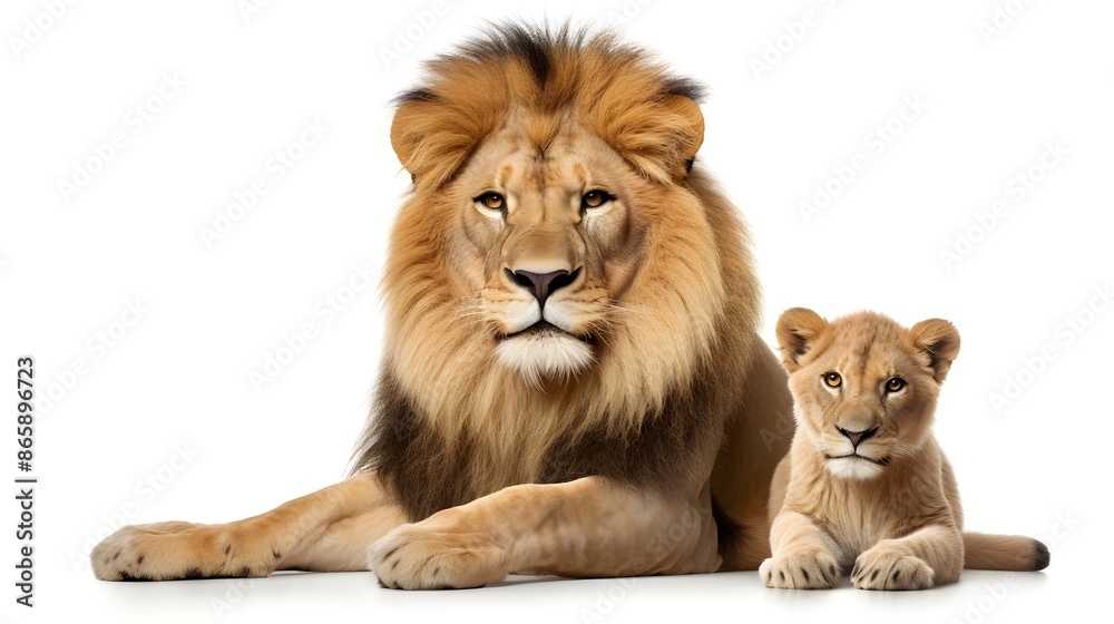 A lion and a lion cub sit together isolated on white background A lion and a lion cub sit together isolated on white background