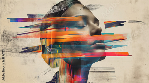 Photo collage in the style of surrealism. The head breaks down into geometric shapes