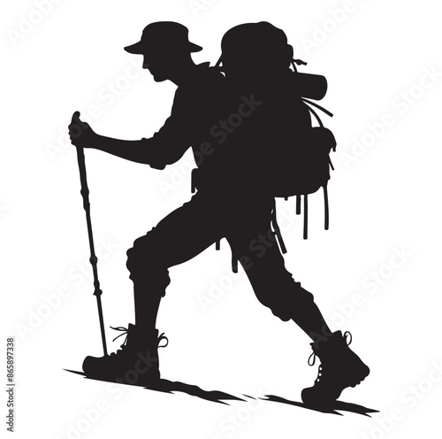Hiker silhouette of a trekking Hiker vector on isolated white background.