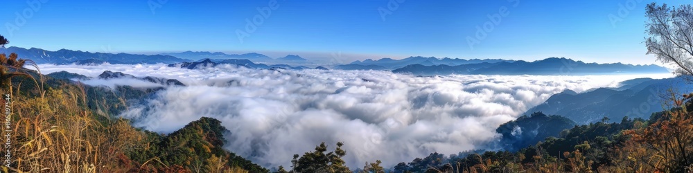 Obraz premium Sea of clouds in the mountains: In the mountains in autumn, the sea of clouds is rolling, as if you are in a fairyland, nature, beautiful scenery, generated by AI, high-definition wallpapers, back