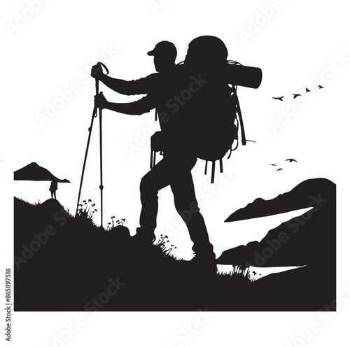 Hiker silhouette of a trekking Hiker vector on isolated white background.