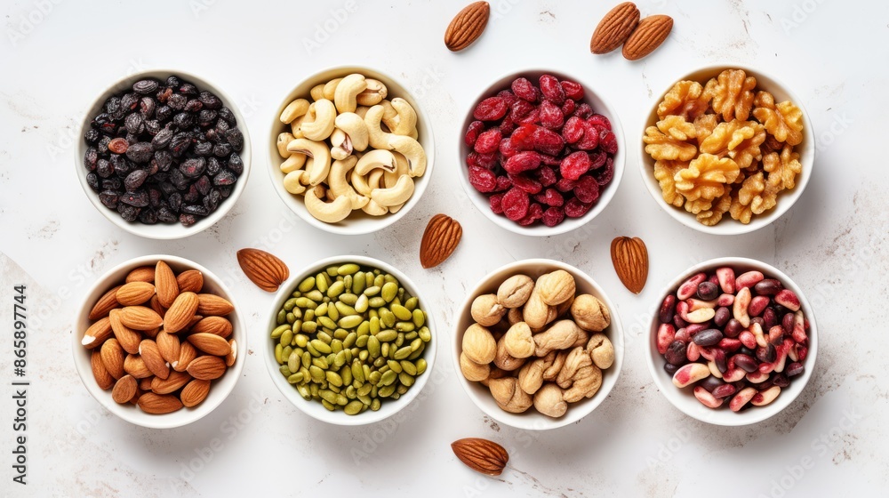 Assorted nuts, seeds, and berries in small bowls on a white background, Assorted nuts, seeds, and berries in small bowls on a white background,