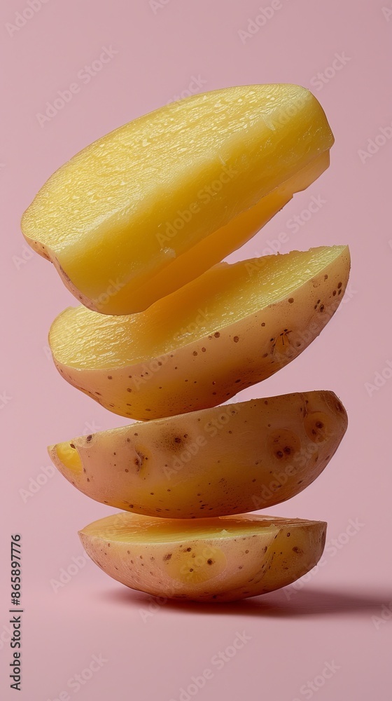 Levitating potato sliced separated pastel color background