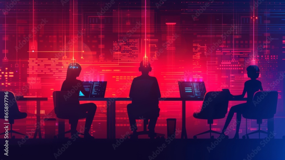 Silhouetted team working on computers in a high-tech, neon-lit environment with futuristic digital interface and data visualization. Silhouetted team working on computers in a high-tech, neon-lit environment with futuristic digital interface and data visualization.