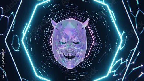 holographic oni mask rotate in Glowing Neon Tunnel,surreal VJ loop,futuristic aesthetics
