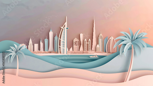 Papercut style illustration, about tourism in Dubai with United Arab Emirates. Copy space