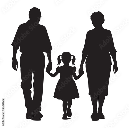 grandparents walking with granddaughter Silhouette vector Illustration. 