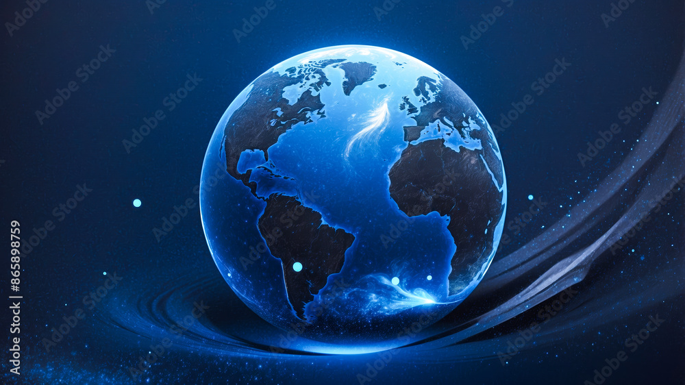 Fototapeta premium Transparent globe of Earth planet from blue glowing particulars on blue background