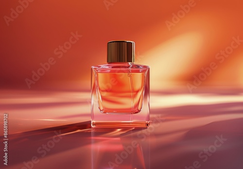 Glass Perfume Bottle With Gold Cap On Orange Background