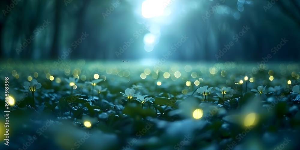 Fireflies create magical glow in forest transforming it into enchanting fairy tale. Concept Enchanted Forest, Firefly Magic Fireflies create magical glow in forest transforming it into enchanting fairy tale. Concept Enchanted Forest, Firefly Magic