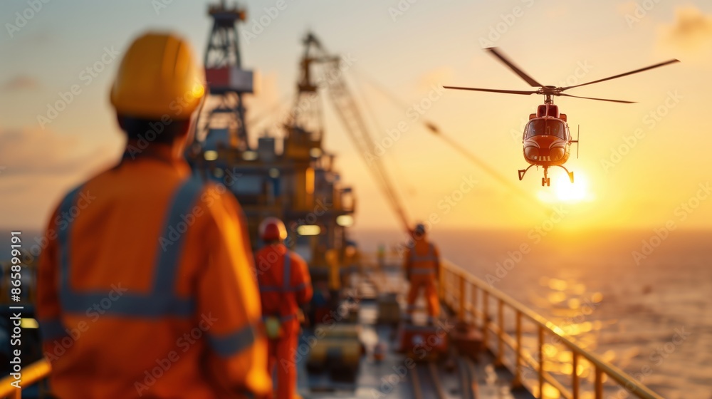 Oil rig workers and helicopter at sunset. Oil rig workers in safety gear watching a helicopter approaching the rig at sunset, highlighting offshore operations. Oil rig workers and helicopter at sunset. Oil rig workers in safety gear watching a helicopter approaching the rig at sunset, highlighting offshore operations.