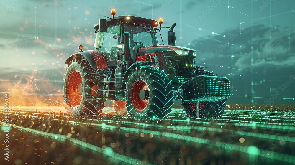 Futuristic Agricultural Tractor in Digital Landscape Futuristic Agricultural Tractor in Digital Landscape