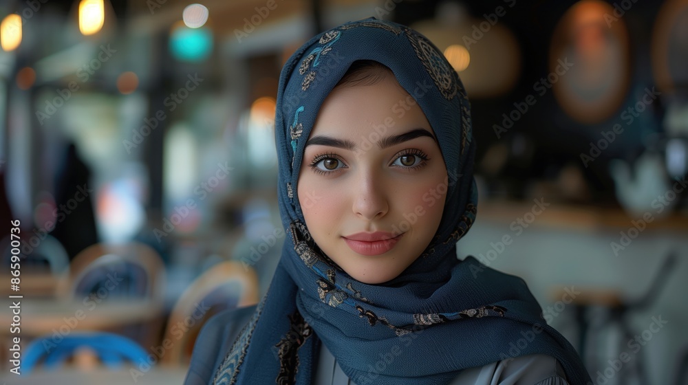 Portrait of a Smiling Muslim Barista in Cafe. Portrait of a smiling young Muslim barista wearing a hijab, standing in a cozy cafe with a welcoming atmosphere and warm lighting. Portrait of a Smiling Muslim Barista in Cafe. Portrait of a smiling young Muslim barista wearing a hijab, standing in a cozy cafe with a welcoming atmosphere and warm lighting.