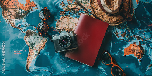 Vintage Travel Essentials: Camera, Map, Journal, and Sunglasses Capturing Wanderlust Aesthetic photo