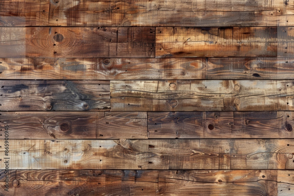 A high-resolution image of a wooden plank wall, with rich grains and knots providing a warm, organic texture for various creative applications