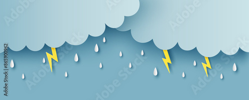 Illustration of Cloud and rain on blue background. heavy rain, rainy season, Overcast sky and lightning in the rainy season. paper cut and craft style. vector, illustration.