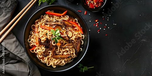 Classic Asian Instant Noodles with Shiitake Mushrooms and Vegetables. Concept Asian Cuisine, Instant Noodles, Shiitake Mushrooms, Vegetables, Cooking Recipe photo