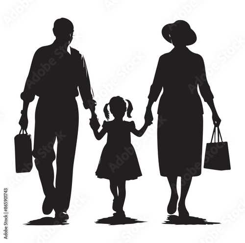 grandparents walking with granddaughter Silhouette vector Illustration. 