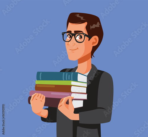 Happy Male Teacher Holding Literature Novels Vector Illustration. Cheerful professor carrying books to the classroom
