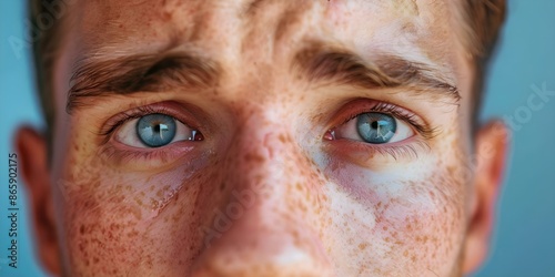 Closeup of mans face showing redness itching watery eyes from allergies. Concept Allergy Symptoms, Closeup, Redness, Itching Eyes, Watery Eyes