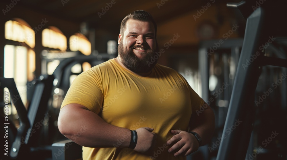 a fat young man and smiling in the gym. a fat young man and smiling in the gym.