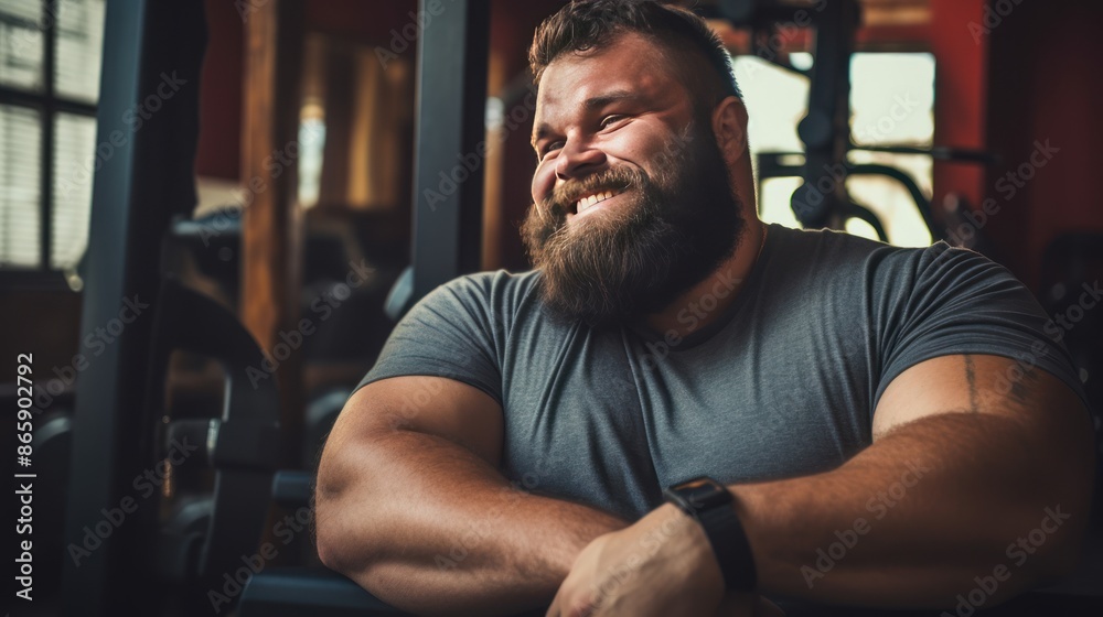 Obraz premium a fat young man and smiling in the gym. 