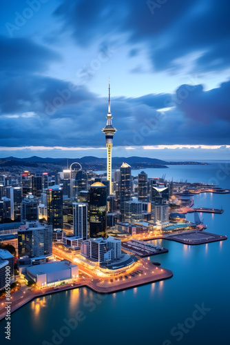 Twilight Magnificence: Aerial View of Auckland City and Harbor Embellished with Sparkling Lights against Sunset Sky