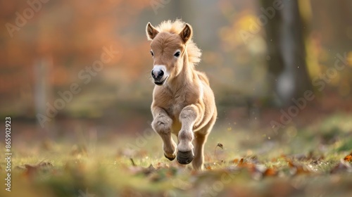 Portrait of a Pony Running in the Grass Field 