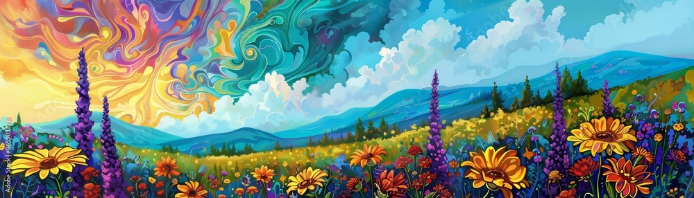 Fototapeta premium Psychedelic meadow landscape with vibrant colors and surreal patterns in the flowers and sky Psychedelic, Day, Digital Art, Abstract