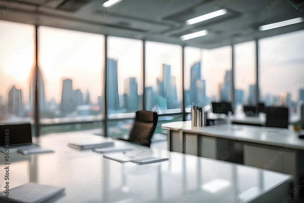 Blurred office workspace in the evening, interior workplace with cityscape for business presentation background. Blurred office workspace in the evening, interior workplace with cityscape for business presentation background.