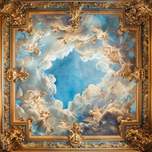 Baroque Frame Ceiling Mural with Dramatic Blue Sky Depicting Paradise, Symbolizing Faith, Hope, and Light, Perfect for Christmas and New Year Celebrations, AI-Generated High-Resolution Wallpaper