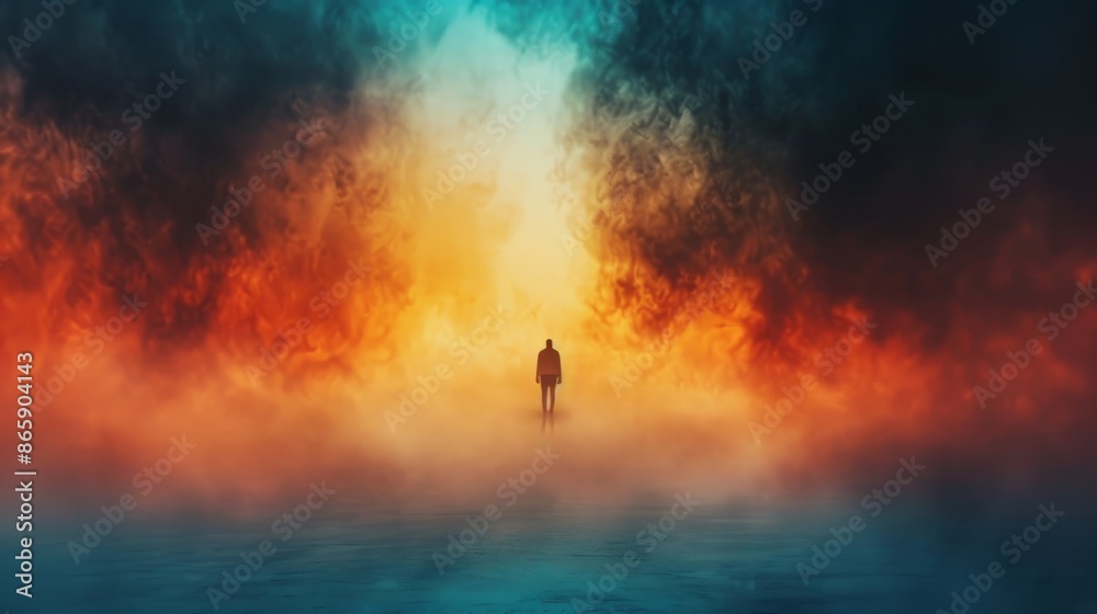 Silhouette of a person standing alone amidst colorful, swirling mist, evoking a sense of mystery and solitude in a dreamlike atmosphere. Silhouette of a person standing alone amidst colorful, swirling mist, evoking a sense of mystery and solitude in a dreamlike atmosphere.
