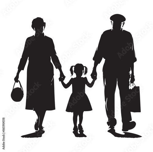 grandparents walking with granddaughter Silhouette vector Illustration. 