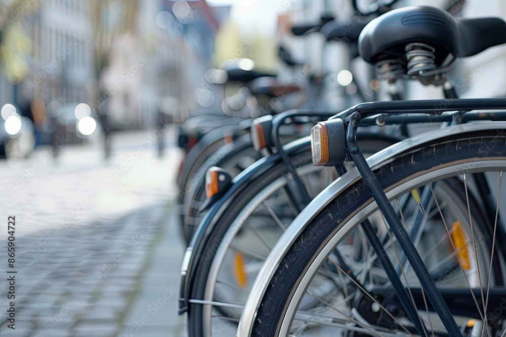 Bicycle secured in a city parking spot, urban transportation Bicycle secured in a city parking spot, urban transportation