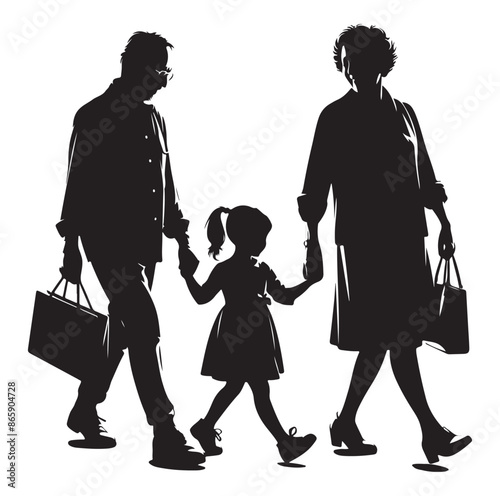 grandparents walking with granddaughter Silhouette vector Illustration. 