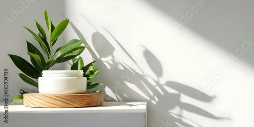 Minimal wooden podium with greenery sunlight shadows white wall skincare product display. Concept Product Display, Wooden Podium, Greenery, Sunlight Shadows, Minimalistic Design