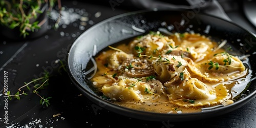 Fototapeta Naklejka Na Ścianę i Meble -  Rabbit-filled agnolotti in shiitake broth with Parmesan and thyme served on a black plate. Concept Rabbit Agnolotti, Shiitake Broth, Parmesan, Thyme, Black Plate
