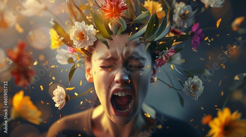 A person screaming with flowers exploding from their head, symbolizing a powerful and emotional release of energy and creativity.