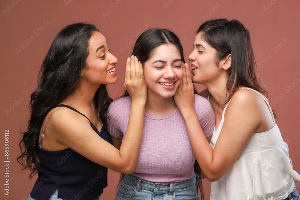 Three Self Confident Women Are Standing Over A Pink Background And Whispering Three Self Confident Women Are Standing Over A Pink Background And Whispering