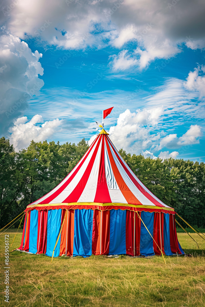 Colorful circus tent on a green meadow, fun and entertainment Colorful circus tent on a green meadow, fun and entertainment