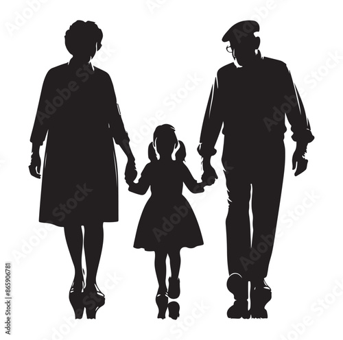 grandparents walking with granddaughter Silhouette vector Illustration. 