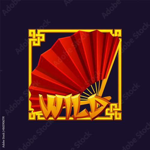 Slots icon-Wild, Chinese red folding fan in a golden frame. Vector symbol for 2D Games and Casino or Slots. Graphic elements for the development of slot machines or banners for online casinos