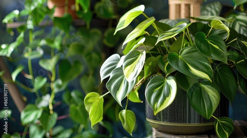 Philodendron Brasilia with variegated green leaves in a pot photo