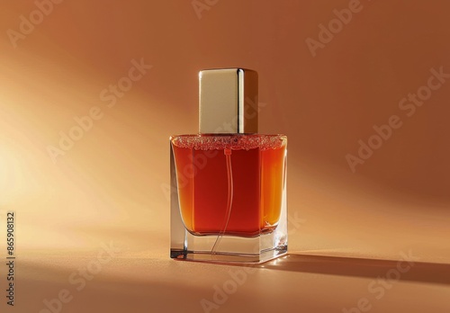 Glass Perfume Bottle With Gold Accents on Brown Background